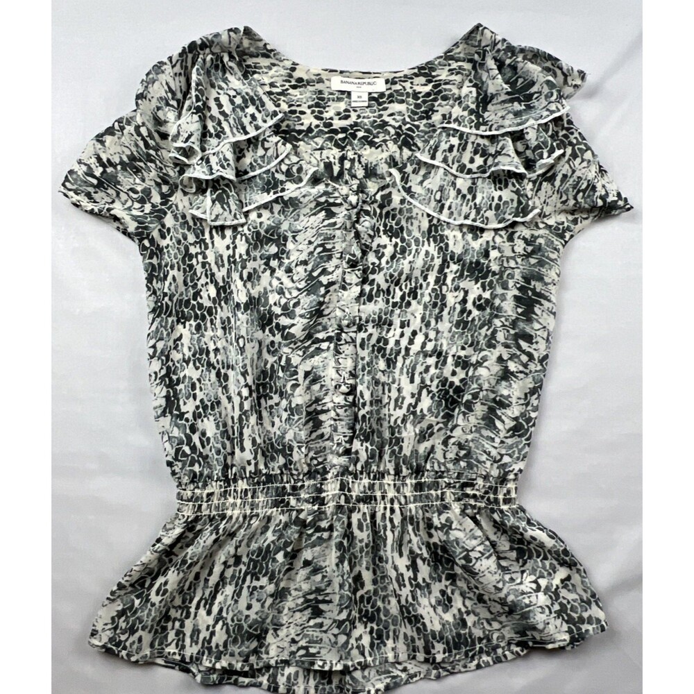 Banana Republic Sheer Ruffle Trim Cap Sleeve Blouse Animal Print XS